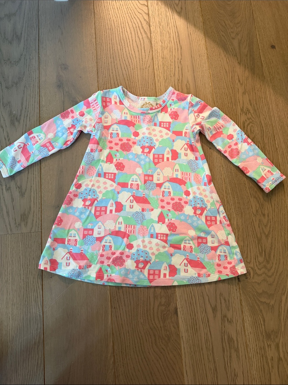 The Beaufort Bonnet Company Pink, Mint & White Village  Print Long Sleeve Dress